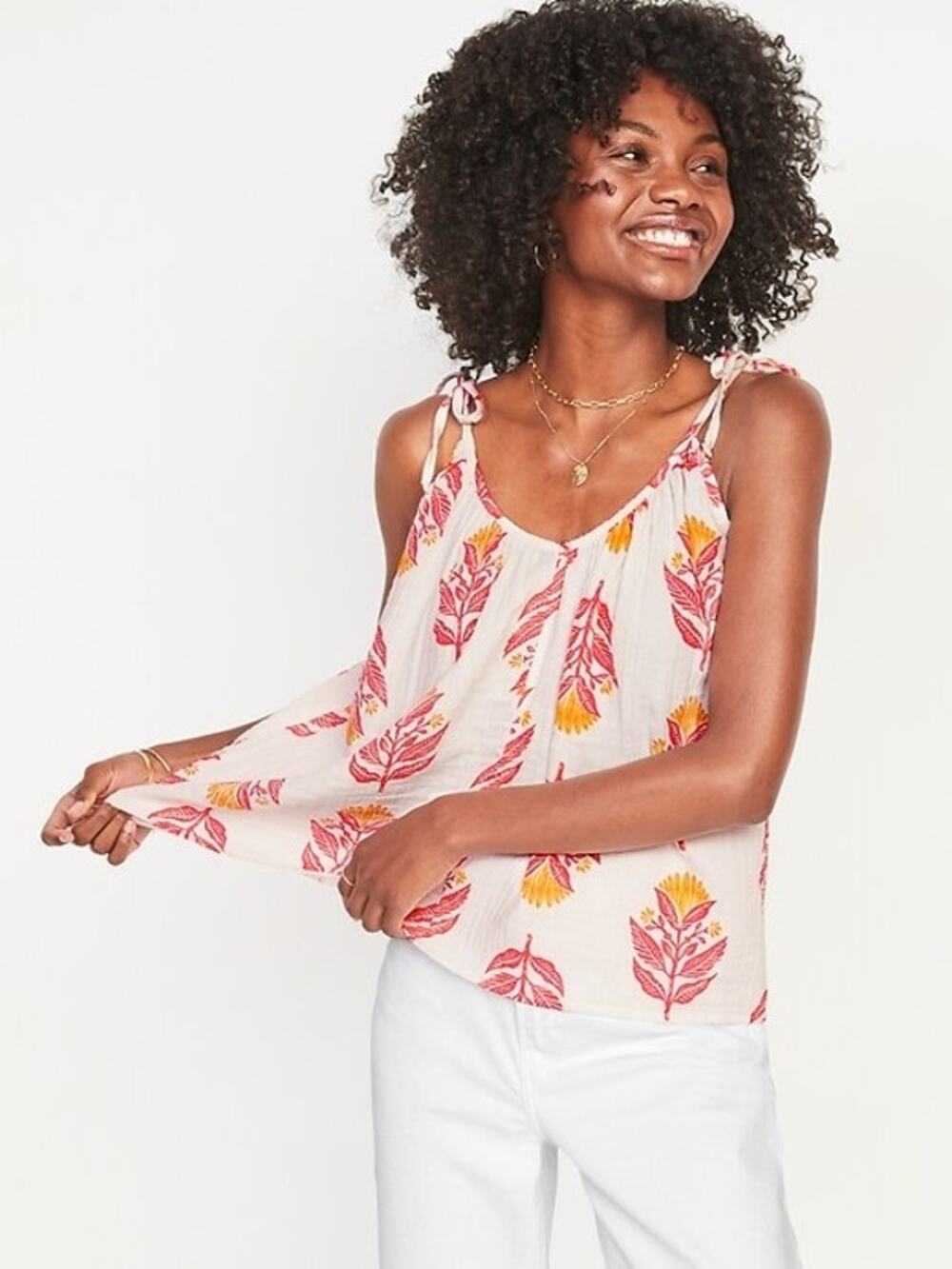 Old Navy Tie Shoulder Floral Swing Top Medium Double Weave Cami White Pink